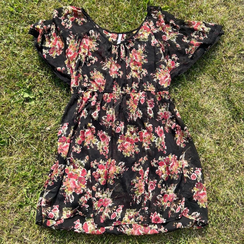 Xhilaration Black Dress with Pink Floral Design